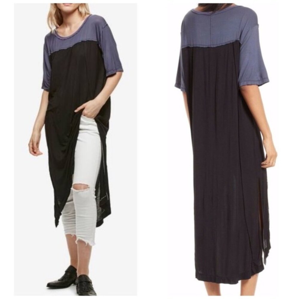 We the Free People Long Bandwagon Tunic Blouse Medium Side Slits Short Sleeves